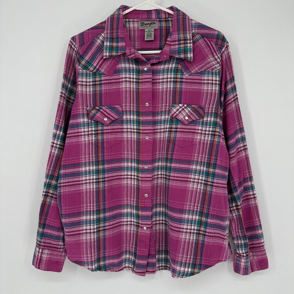 Wrangler Womens 3XL Pink Plaid Flannel Western Snap Shirt Pearl Buttons Pockets